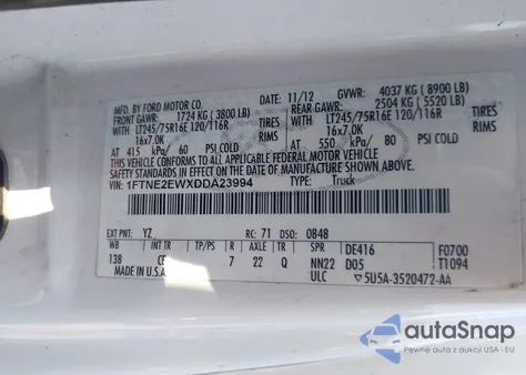 2013 Ford E-250 Commercial z USA, uszkodzony, nr VIN 1FTNE2EWXDDA23994